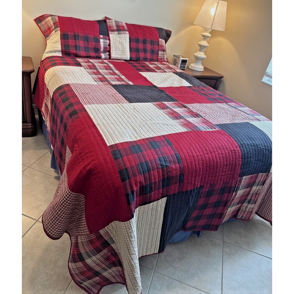 WOOLRICH Quilt King Patchwork 3pc Red Black Bedding Shams Vintage 108x92 Cabin